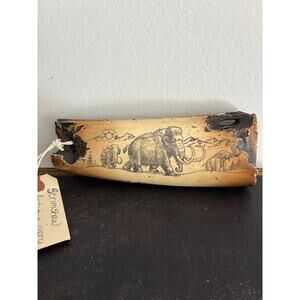 Vintage Scrimshaw Mammoth Tusk Replica Resin Carving Etched Elephant Scene